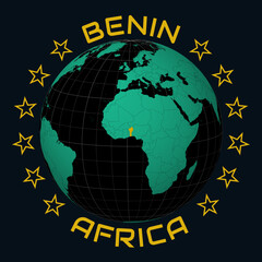 Obraz premium Republic of Benin on Globe. Round country and continent name text. Country view on world map in Black Emerald color palette. Benin shape on map. Trending vector illustration.