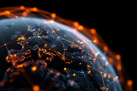 Detailed close-up of illuminated Europe on Earth globe with network connections across cities, concept for global communications, technological advancement and international business operations
