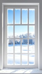 Fototapeta premium Bright window overlooking a snowy landscape.