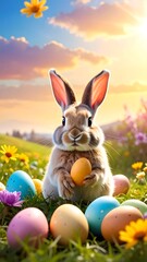 Easter bunny holding egg in a field