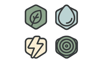 Obraz premium Hexagonal icons depicting natural elements like a green leaf, blue water drop, yellow lightning bolt, and concentric circles