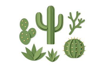 Diverse collection of green desert cacti and succulent plants with layered paper cut effect on clean white background © Alan