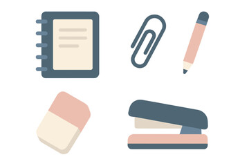 Assortment of common stationery items for work and study featuring a spiral notebook paper clip pencil eraser and stapler