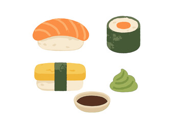Japanese sushi set with fresh salmon nigiri, maki roll, tamago, wasabi, and soy sauce in a bowl, traditional cuisine © Alan