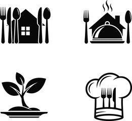 Black and white vector icons of home dining, hot meals, organic food, and chef cooking, perfect for culinary and restaurant branding.
