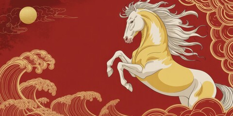 Chinese new year background with golden horse, wave, and moon for holiday celebration, festive decoration, and traditional design