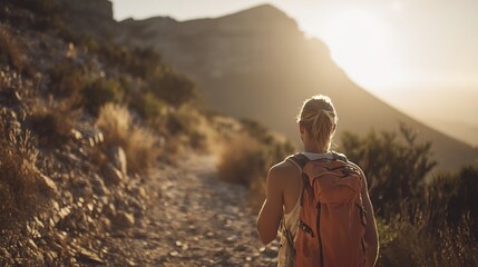 climbing. Solo hiker on mountain trail during golden hour, with blurred mountain backdrop. tourism brochures, itinerary planners, designed for hospitality marketing for hotel rooms and spa retreats.