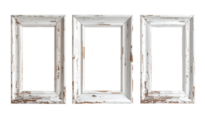 Three antique-style, white wooden picture frames