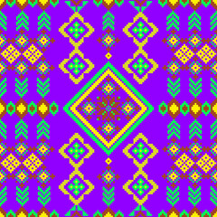 seamless geometric pattern
Colorful symmetrical pattern featuring pixel-style diamonds, floral motifs, and chevron shapes in vibrant hues of purple, yellow, green, red, and blue. Inspired by ethnic 