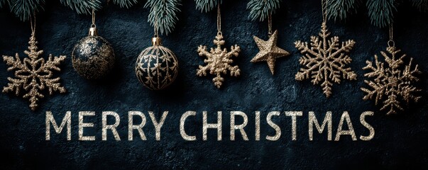 Festive Christmas arrangement with elegant gold decorations on dark textured background