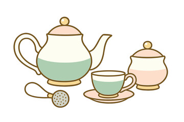 Elegant pastel tea set with teapot, teacup, saucer, sugar bowl, and tea infuser for hot beverages