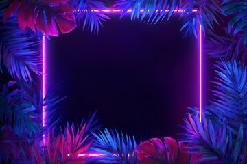 Vivid Neon Frame Surrounding Tropical Leaves with Blue and Pink Lighting in Night Scene