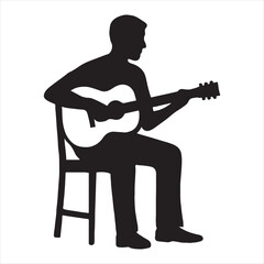 Silhouette of a person sitting on a chair playing an acoustic guitar on a white background