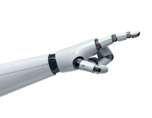 White robotic arm with detailed mechanical fingers pointing