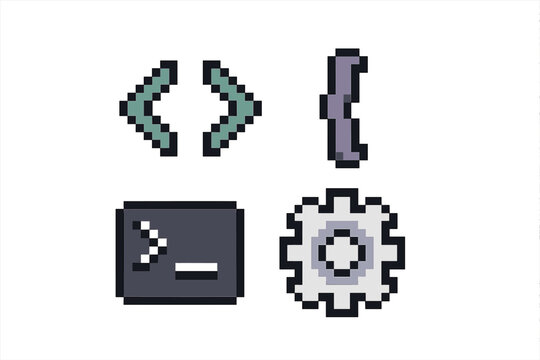 Modern pixel art programming code brackets terminal and settings gear icons for digital design and software development