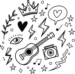 The Eternal Rise of Heavy Meta. Doodle icon drawn punk music sketch set.