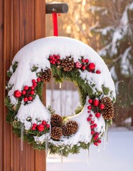Snowy Christmas wreath on door (1)