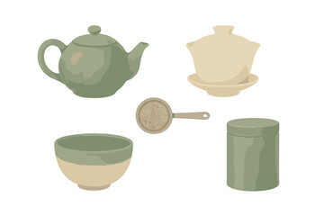 Elegant set of traditional tea ceremony essentials: teapot, gaiwan, tea bowl, strainer, and storage caddy