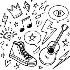 The Eternal Rise of Heavy Meta. Doodle icon drawn punk music sketch set.