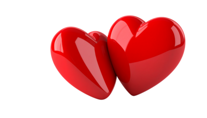Red glossy hearts shine on a transparent background for Valentine's Day posters, and digital design.