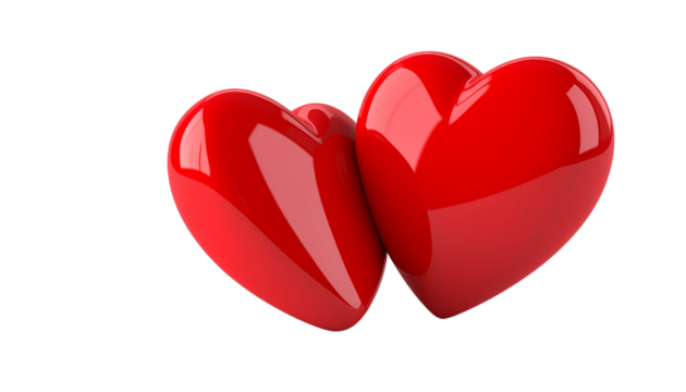 Red glossy hearts shine on a transparent background for Valentine's Day posters, and digital design.