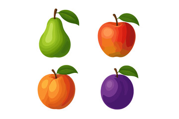 Assortment of colorful fresh ripe fruits with green leaves including a juicy green pear, a vibrant red apple, a sweet orange peach, and a deep purple plum