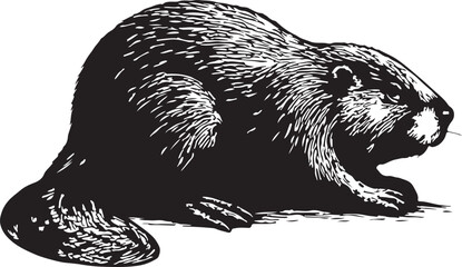 Detailed black and white woodcut illustration of a north american beaver sitting on its hind legs with a flat tail © toomotion