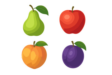 Colorful assortment of fresh ripe fruits including green pear, red apple, orange peach, and purple plum with green leaves