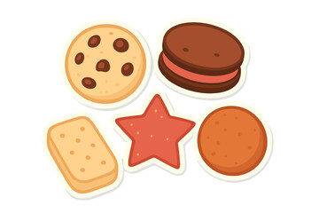 Assortment of sweet baked goods including chocolate chip cookies, sandwich biscuits, and star-shaped treats