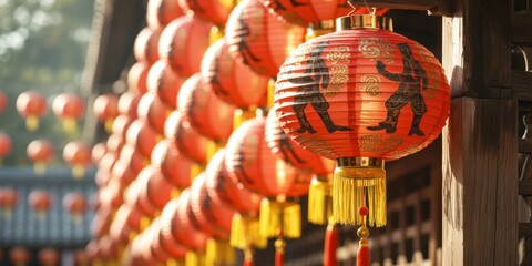 Naklejka premium Row of vibrant red chinese lanterns, adorned with intricate designs, casting a warm glow and embodying the rich cultural heritage of asia