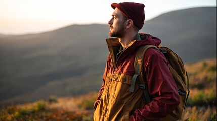 climbing. Solo hiker on mountain trail during golden hour, with blurred mountain backdrop. tourism brochures, itinerary planners, designed for hospitality marketing for hotel rooms and spa retreats.