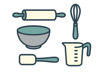 Collection of essential kitchen baking tools including rolling pin, mixing bowl, whisk, measuring cup, and spatula