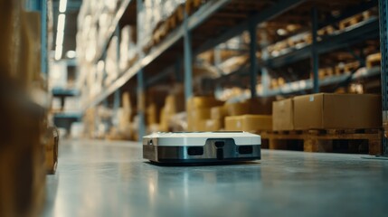 Close medium shot of an autonomous shelfrestocking robot maneuvering around obstacles the machine sharply defined while store environment is softly out of focus.