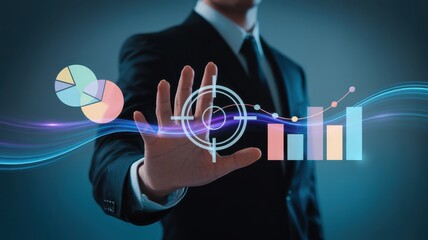 Executive using advanced technology to analyze financial data, targeting growth and success with interactive charts and global market insights