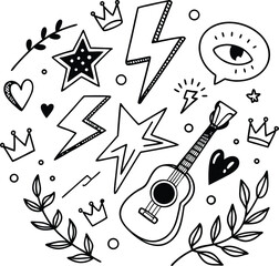 The Eternal Rise of Heavy Meta. Doodle icon drawn punk music sketch set.