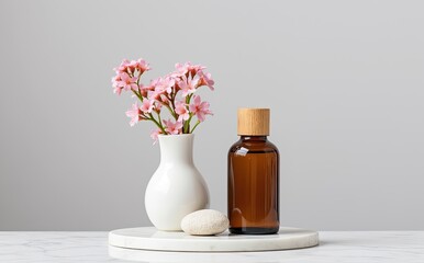 Amber bottle pink flowers white vase stone image