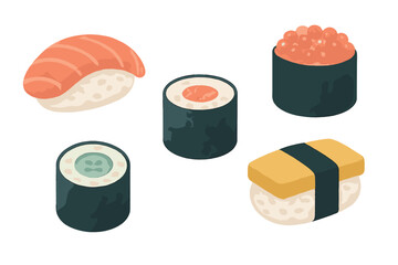 Delicious assortment of traditional Japanese sushi and maki rolls featuring salmon, roe, and cucumber on white background © Alan