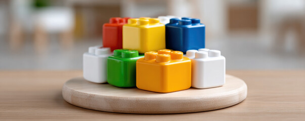 Stacked toy blocks in various colors on wooden platform, ideal for Kwanzaa for children activities and creative play