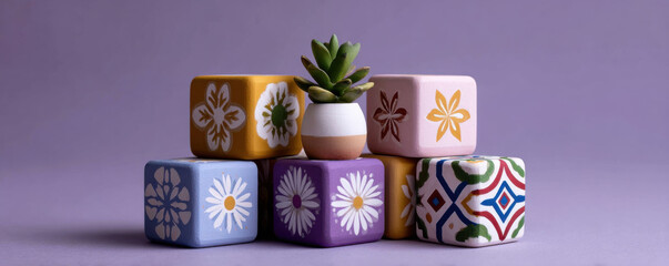 Decorative blocks with floral patterns and small potted succulent create charming arrangement for children Kwanzaa celebration