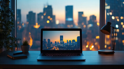 Obraz premium Modern laptop displaying a generic cityscape chroma key mockup template is placed on a desk near a window with a real cityscape sunset view and some plants