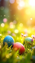 Easter eggs in a grassy field bathed in sunlight