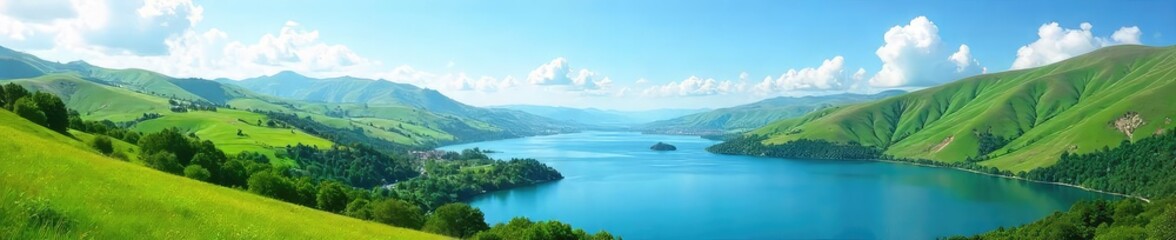 A breathtaking vista of rolling green hills, a vibrant blue sky, and a serene lake reflecting the natural beauty Perfect for travel, nature, and landscape projects , ecology, magnificent, trees
