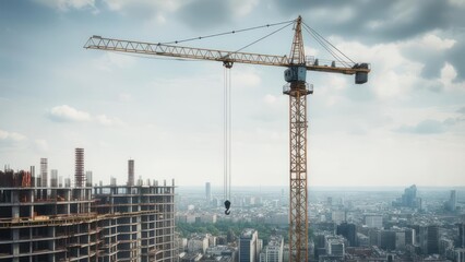 Majestic Yellow Tower Crane Overseeing Skyscraper Construction Above a Sprawling City