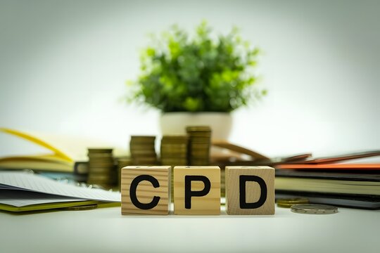 Three wooden blocks spelling cpd stand in front of stacks of coins and a potted plant representing financial growth and investment strategies for continuing professional development