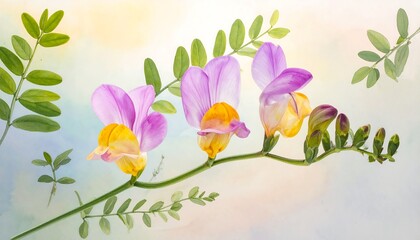 Delicate pink and yellow flowers with soft leaves
