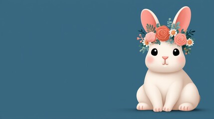 Fototapeta premium Cute Cartoon Bunny with Floral Crown in Spring Pastels – Cute Cartoon Rabbit with Flower Crown on Blue Background ideal for greeting cards, spring decor, or children’s seasonal products
