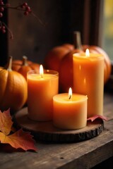 A cozy autumn scene featuring a selection of scented candles in warm, earthy tones, burning softly on a rustic wooden surface Perfect for fall, harvest, and Thanksgiving themes , amber, flame, table