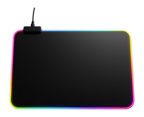 Black mousepad with RGB lights creating a colorful glow.