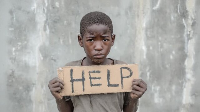 Poverty and Plea: A poignant image of a young boy, his eyes reflecting hardship, holds a sign bearing a heartfelt message. The scene is a stark reminder of societal issues.