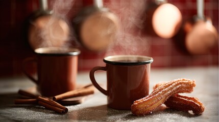 churros. A clay cup of hot chocolate with churros, capturing the warmth of Spanish National Day. menu design, packaging mockups, designed for culinary blogs and recipe cards for restaurants.